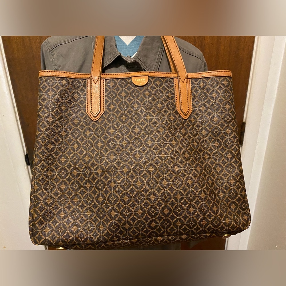 Fossil Vintage Diamonds Print Large Sidney Tote Bag in Brown